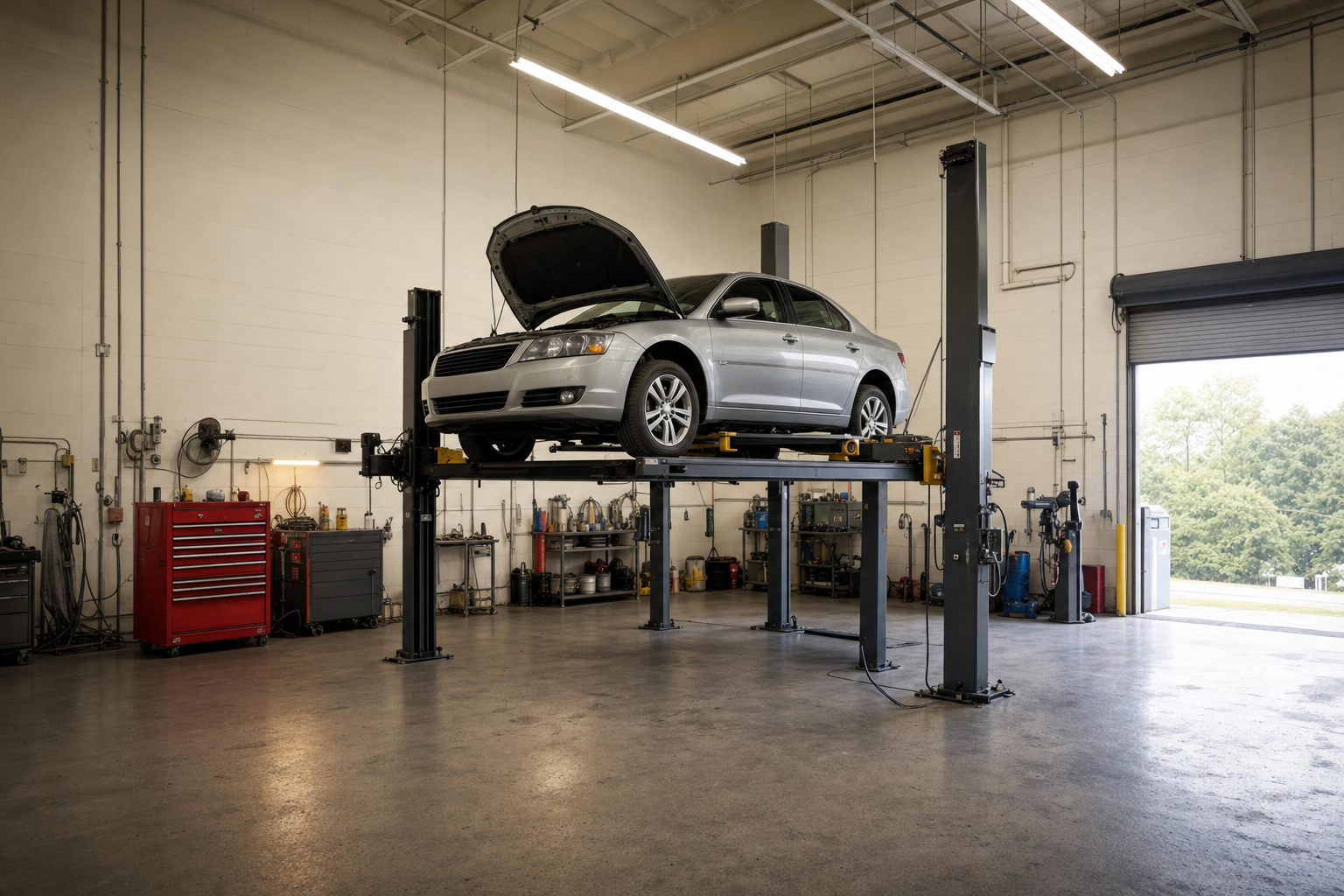 Silver sedan on a 4-post lift in a service bay